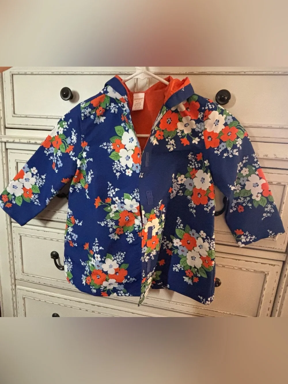 Gymboree Navy Floral Hooded Raincoat with Orange Lining